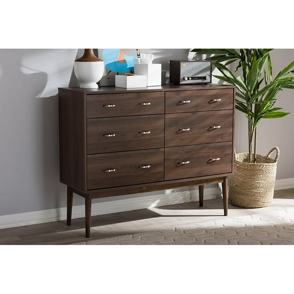 Baxton Studio Disa Mid-Century Modern Walnut Brown Finished 6-Drawer Dresser