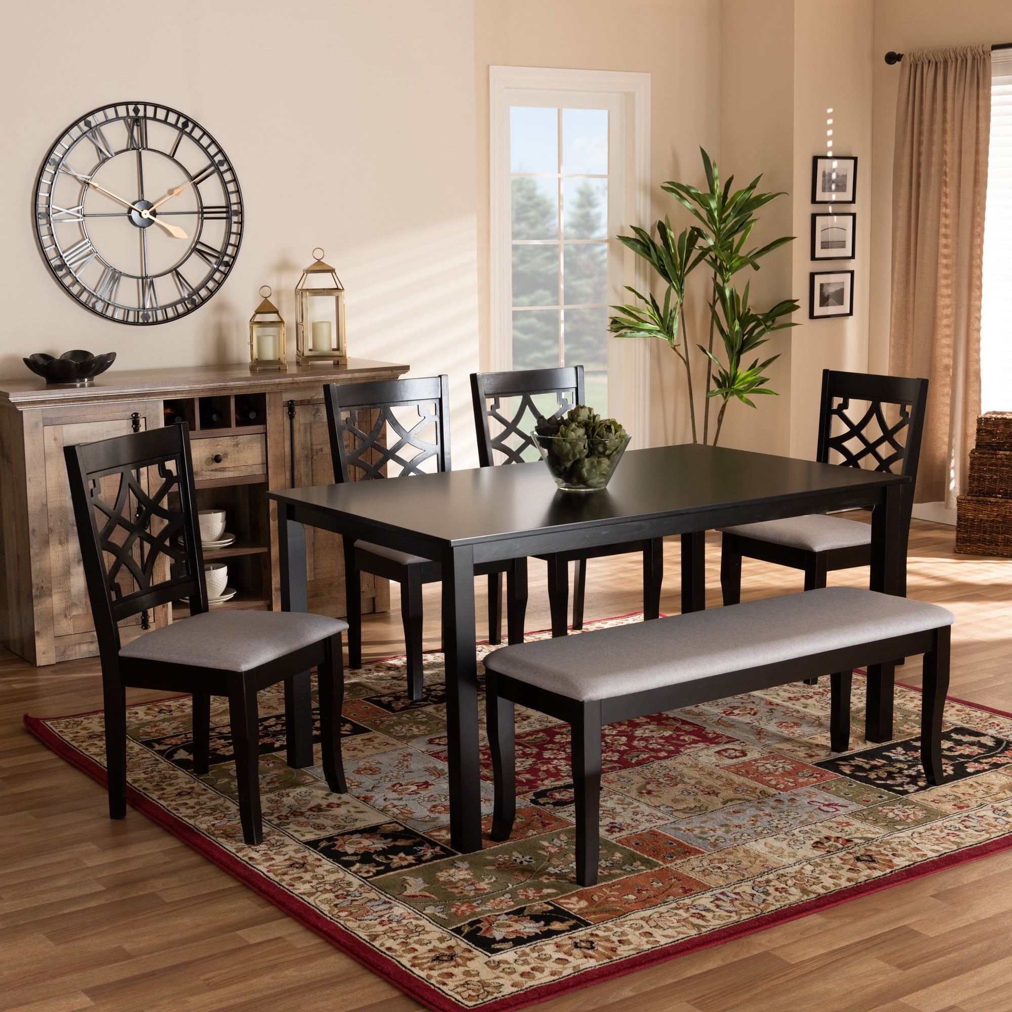 Baxton Studio Dori Modern and Contemporary Grey Fabric Upholstered and Dark Brown Finished Wood 6-Piece Dining Set