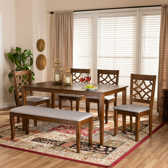 Baxton Studio Dori Modern and Contemporary Grey Fabric Upholstered and Walnut Brown Finished Wood 6-Piece Dining Set