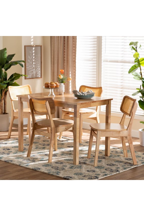 Dulcet Mid-Century Modern Oak Brown Finished Wood and Rattan 5-Piece Dining Set