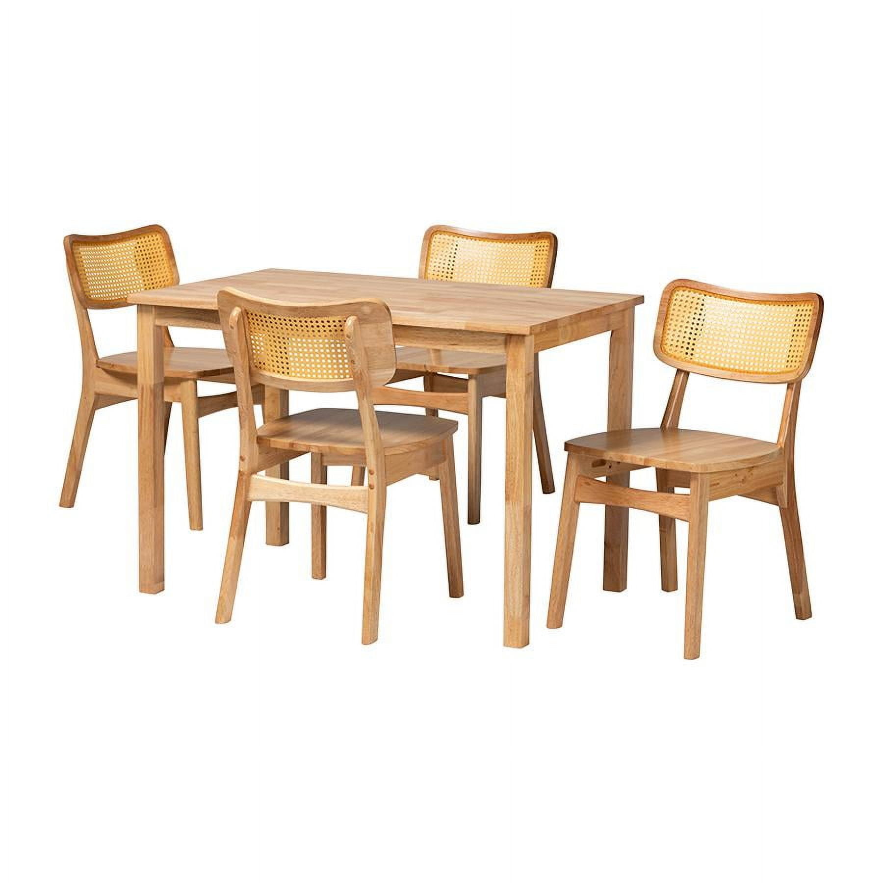 Mid-Century Modern Oak Brown Wood and Rattan 5-Piece Dining Set