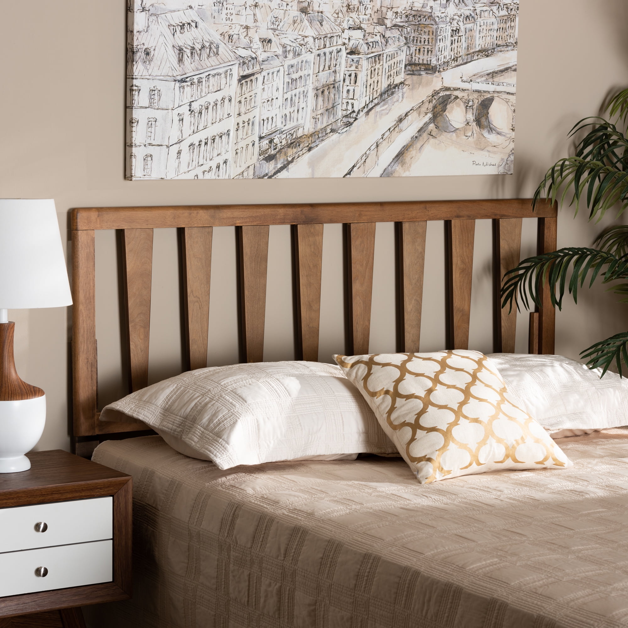 Baxton Studio Duncan Contemporary/Modern Slat Back Support Engineered Wood Headboard, Queen, Ash Walnut