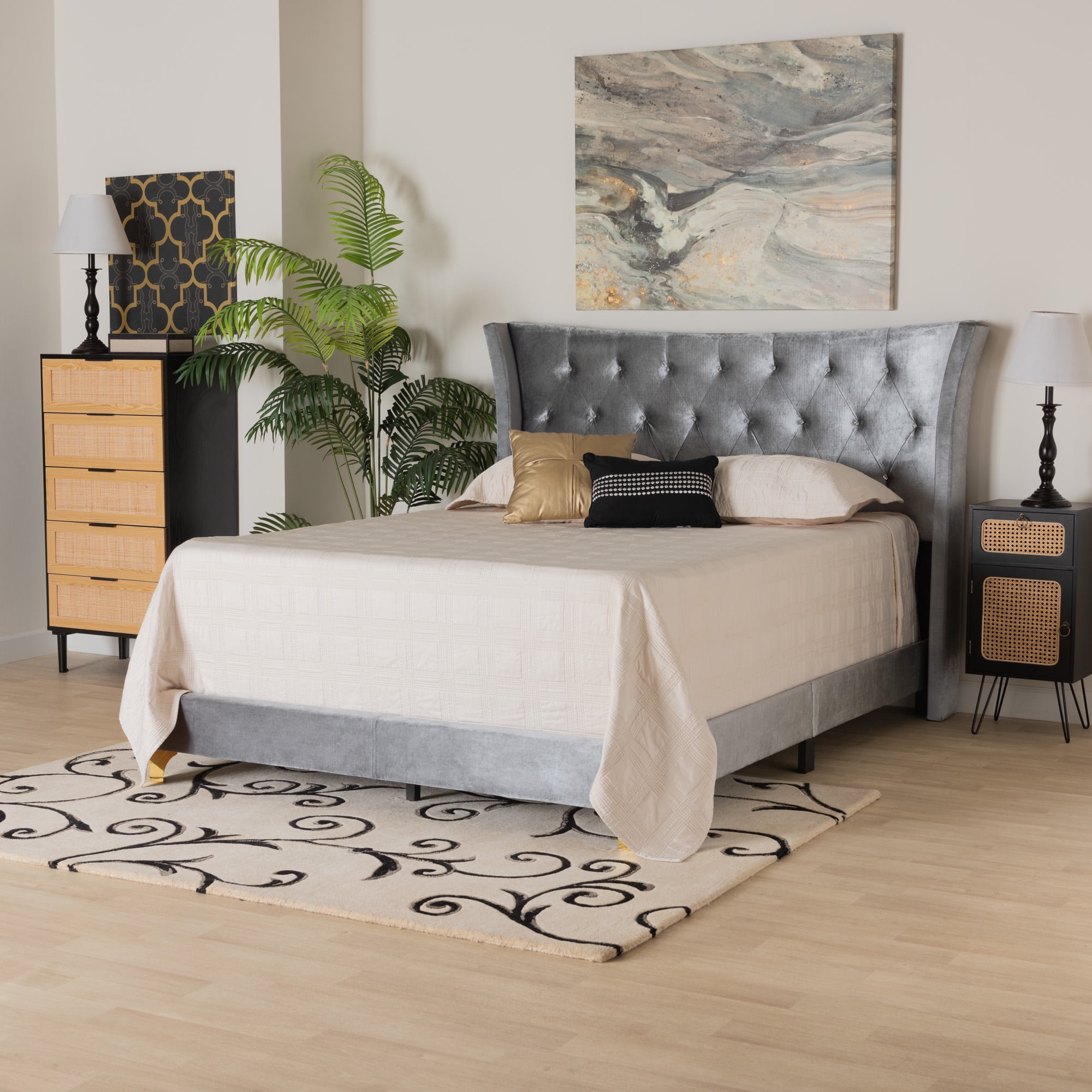 Baxton Studio Easton Contemporary Glam and Luxe Grey Velvet and Gold Metal Queen Size Panel Bed