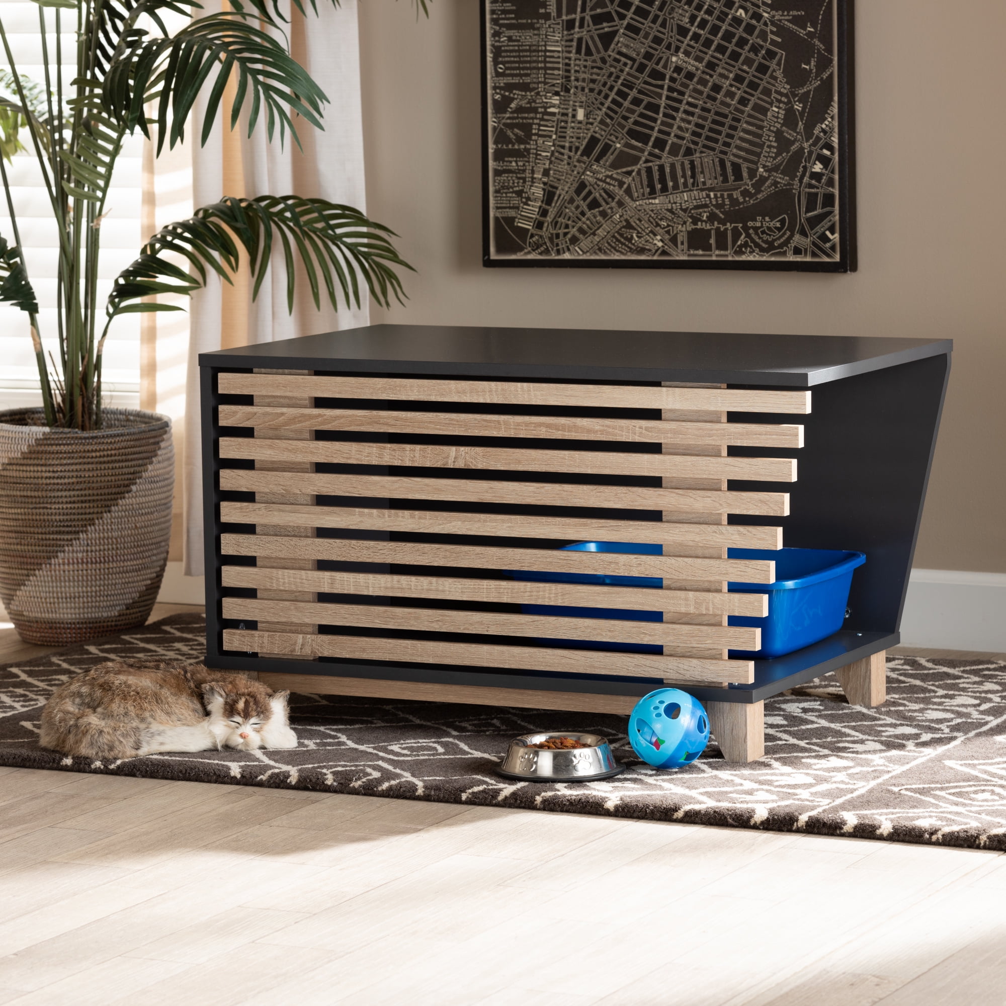 Baxton Studio Eckhart Modern and Contemporary Two-Tone Dark Grey and Oak Finished Wood Cat Litter Box Cover House