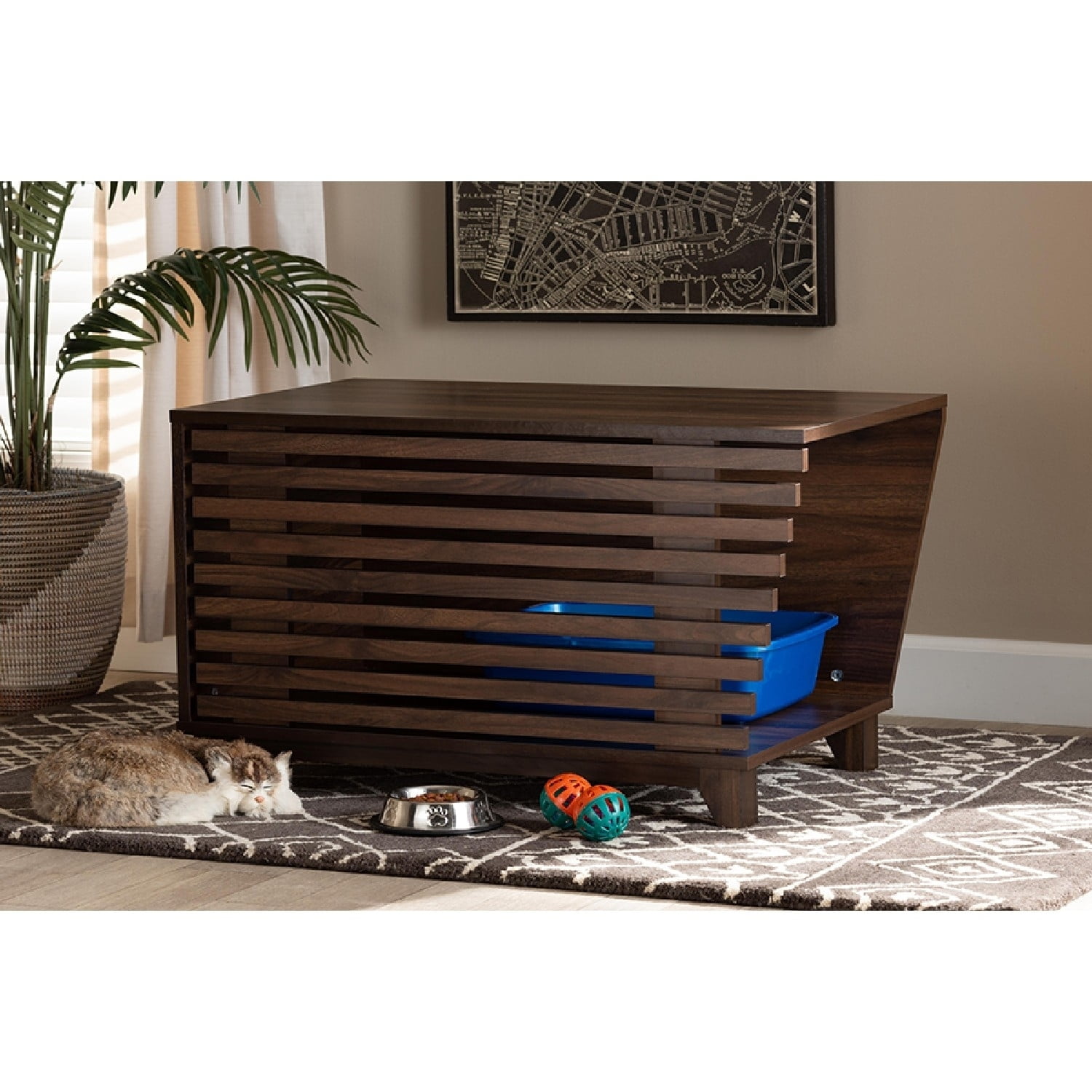 Walnut Brown Finished Wood Modern Cat Litter Box Cover House