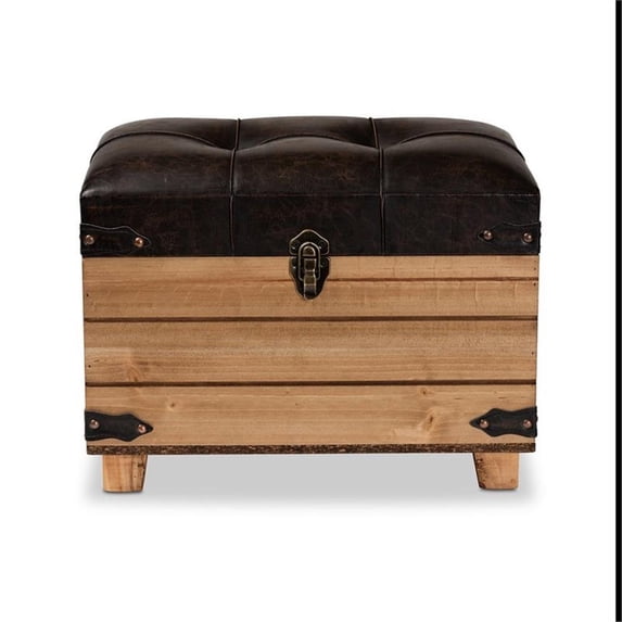Baxton Studio Edmund Rustic Transitional Dark Brown Faux Leather Upholstered and Oak Brown Finished Wood Storage Ottoman