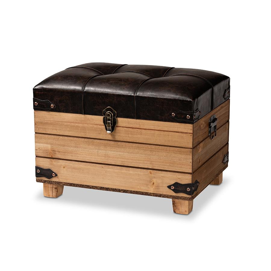 Edmund Rustic Oak Brown Faux Leather Storage Ottoman