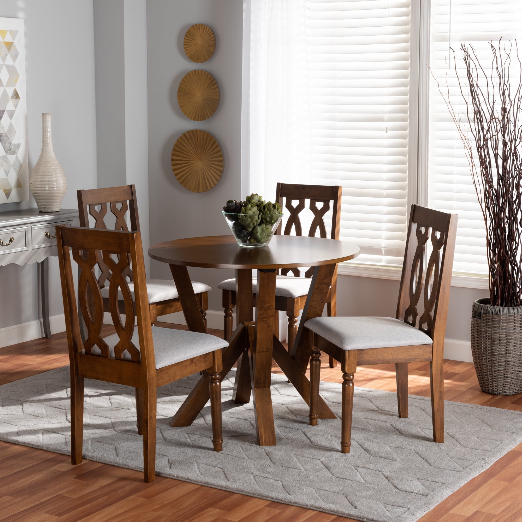 Baxton Studio Elaine Modern and Contemporary Grey Fabric Upholstered and Walnut Brown Finished Wood 5-Piece Dining Set