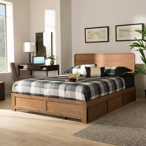 Baxton Studio Eleni Modern Full Rubberwood Standard Bed with Storage, Ash Walnut