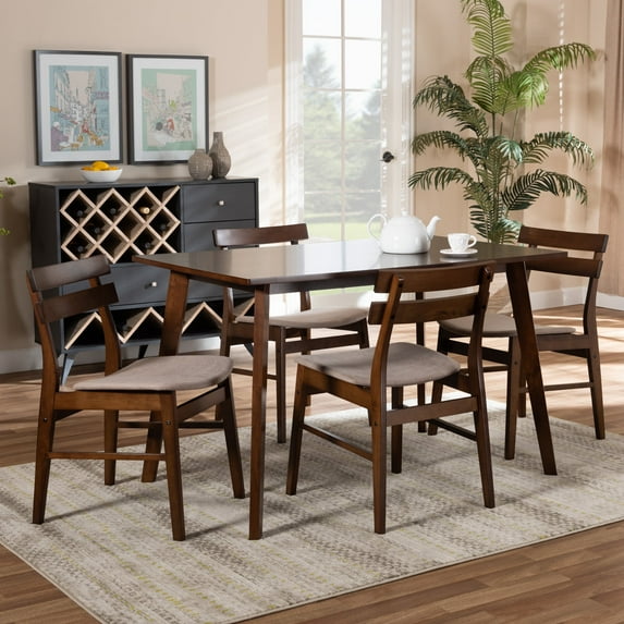 Baxton Studio Eleri 5 Piece Adult Mid-Century Polyester Dining Table with Chair Light Beige