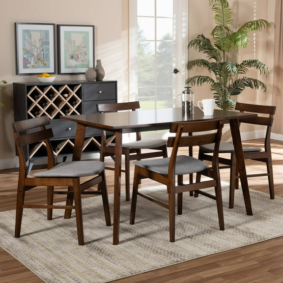 Baxton Studio Eleri Mid-Century Modern Transitional Light Grey Fabric Upholstered and Walnut Brown Finished Wood 5-Piece Dining Set