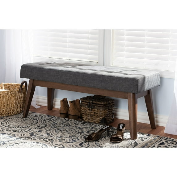 Baxton Studio Elia Mid-Century Modern Walnut Wood Dark Grey Fabric Button-Tufted Bench