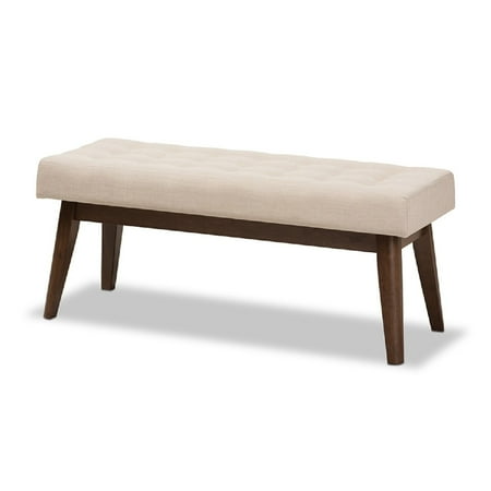 Baxton Studio Elia Mid-Century Modern Walnut Wood Light Beige Fabric Button-Tufted Bench