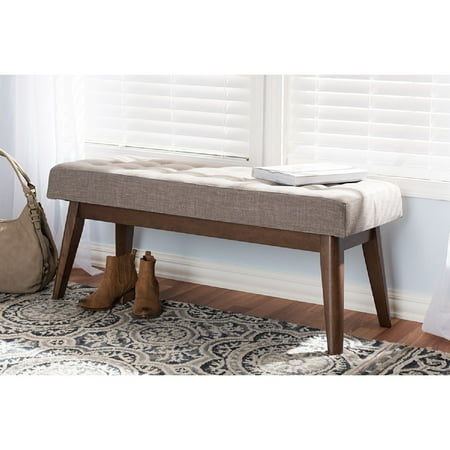Baxton Studio Elia Mid-Century Modern Walnut Wood Light Grey Fabric Button-Tufted Bench