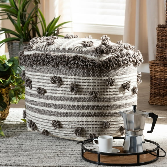 Baxton Studio Eligah Moroccan Inspired Ivory and Brown Handwoven Wool Pouf Ottoman