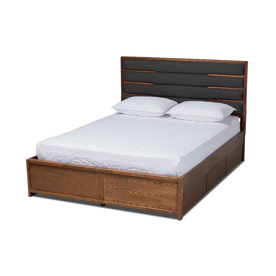 Elin Walnut King Storage Bed with Grey Upholstered Headboard