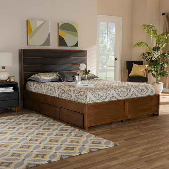 Baxton Studio Elin Modern and Contemporary Dark Gray Fabric Upholstered Walnut Finished Wood King Size Platform Storage Bed with Six Drawers