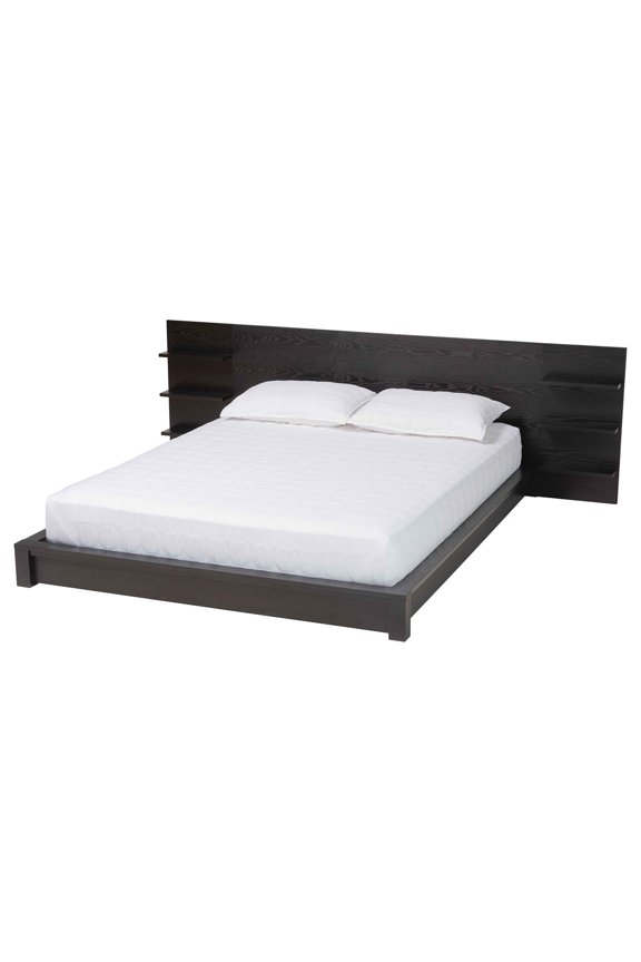Elina Black Wood Queen Size Platform Bed with Built-In Shelves