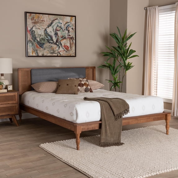 Baxton Studio Eliseo Mid-Century Modern Dark Grey Fabric and Walnut Brown Finished Wood Full Size Platform Bed