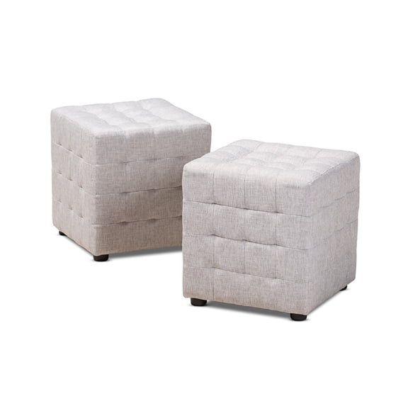 Baxton Studio Elladio Modern and Contemporary Greyish Beige Fabric Upholstered Tufted Cube Ottoman Set of 2