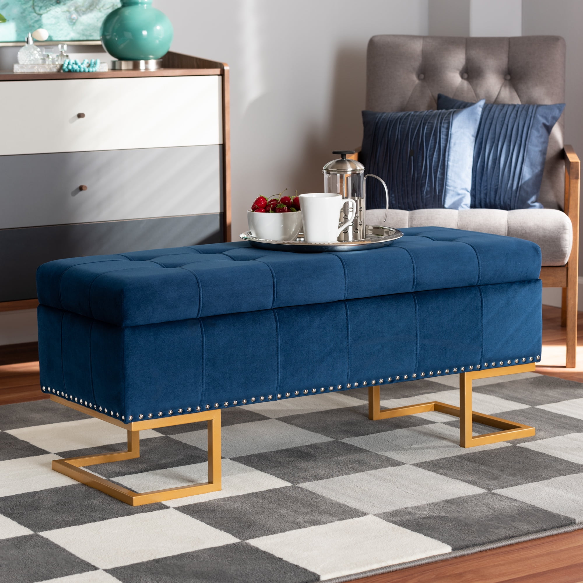 Navy blue velvet storage ottoman deals