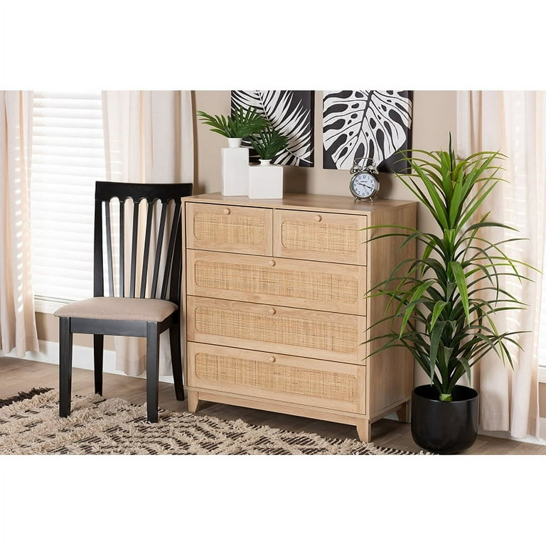 Baxton Studio Elsbeth Mid Century Modern Oak Brown Finished Wood and Natural Rattan 5 Drawer Storage Cabinet