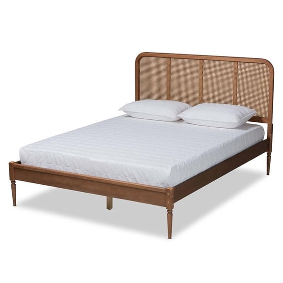 Baxton Studio Elston King Platform Bed with Woven Headboard & Turned Legs, Ash Walnut