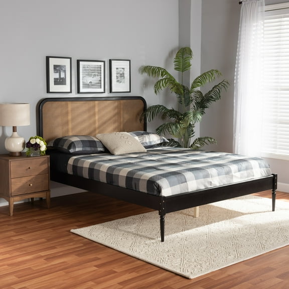 Baxton Studio Elston Mid-Century Modern Charcoal Finished Wood and Synthetic Rattan Queen Size Platform Bed