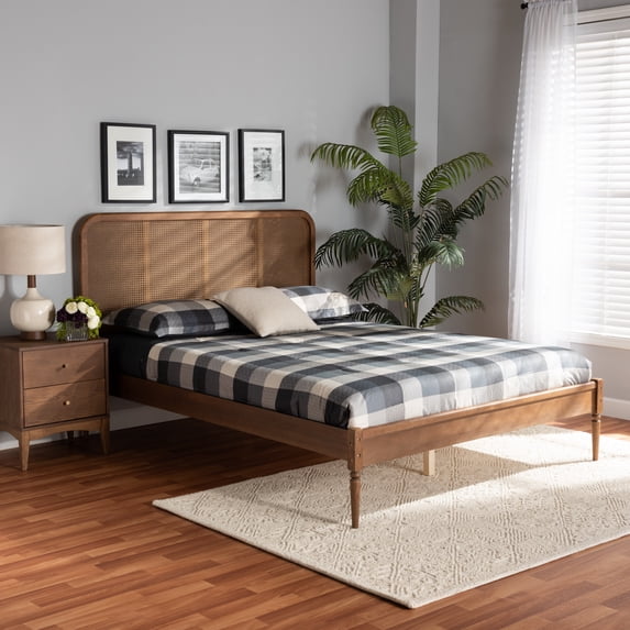 Baxton Studio Elston Mid-Century Modern Walnut Brown Finished Wood and Synthetic Rattan Queen Size Platform Bed