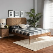 Baxton Studio Elston Mid-Century Modern Walnut Brown Finished Wood and Synthetic Rattan Queen Size Platform Bed