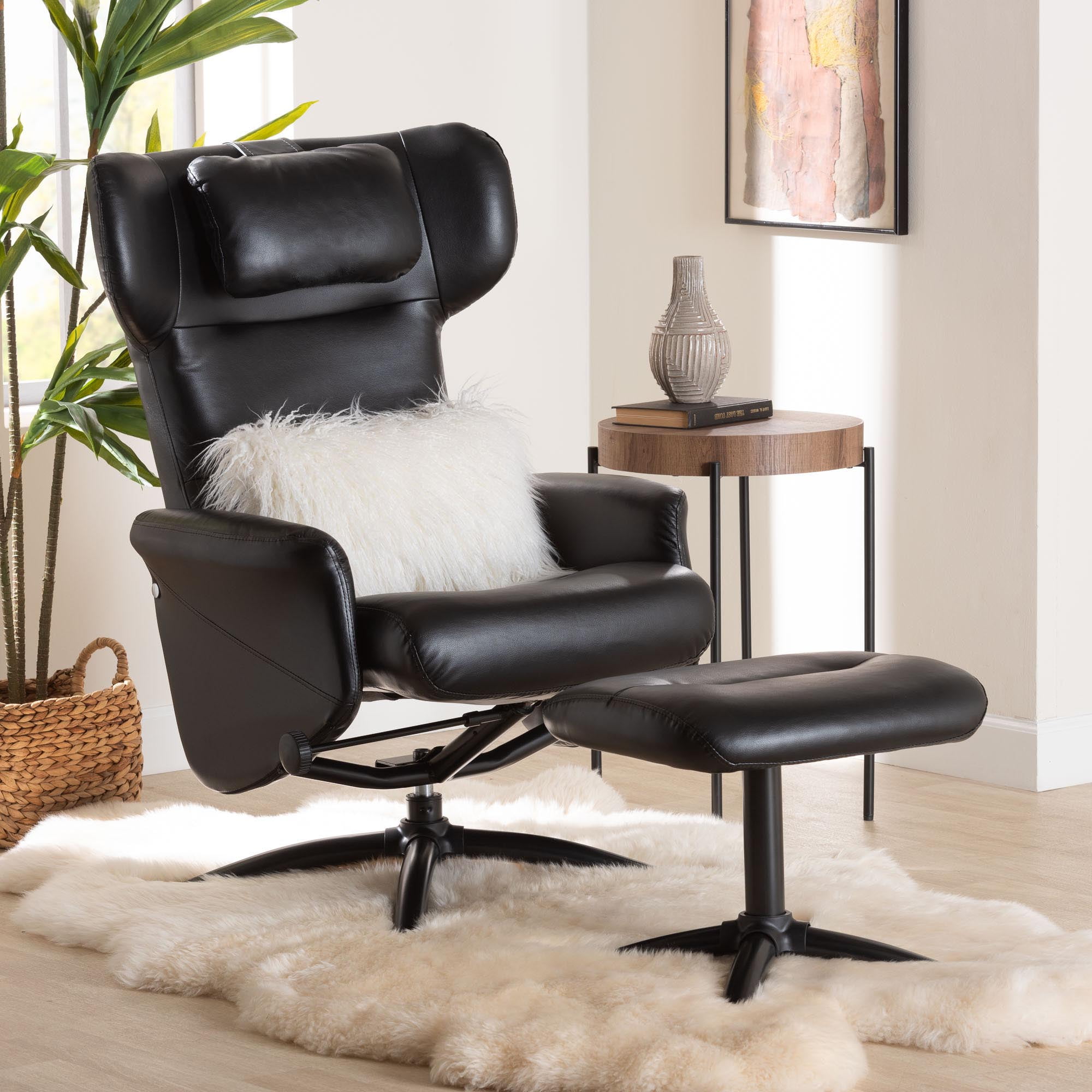 Baxton Studio Elwood Modern Lounge Chair and Footrest Set, 2-Piece, Black