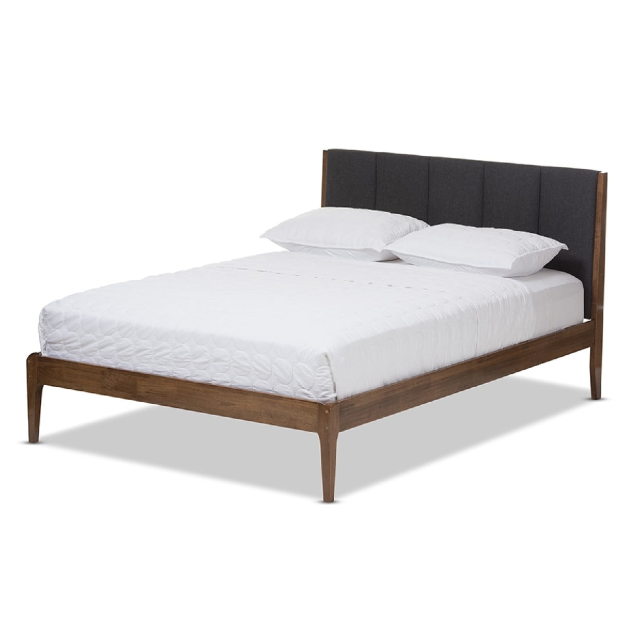 Scandinavian-Inspired Walnut Queen Bed with Grey Tufted Upholstery