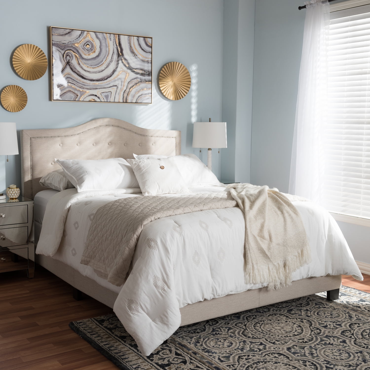 Emerson Full Light Beige Upholstered Bed with Tufted Headboard and Nailhead Trim
