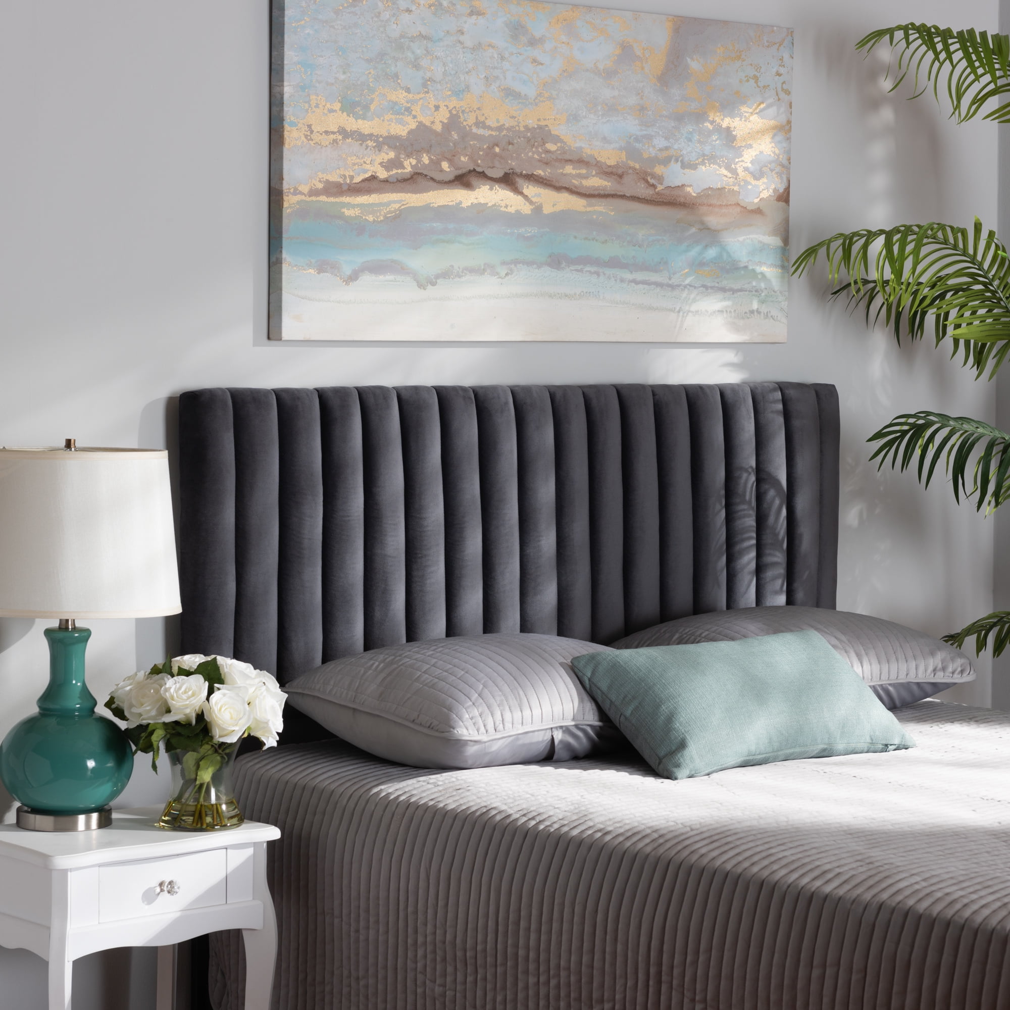 Baxton Studio Emile Modern and Contemporary Grey Velvet Fabric Upholstered and Dark Brown Finished Wood, Queen Size Headboard