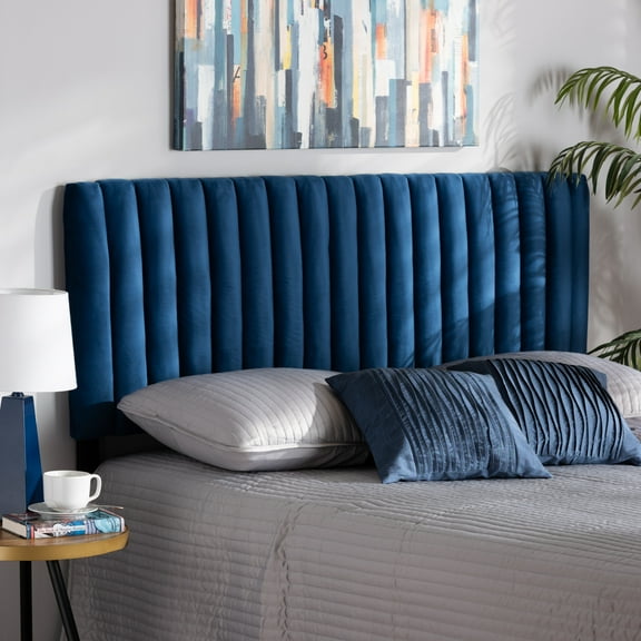 Baxton Studio Emile Modern and Contemporary Navy Blue Velvet Fabric Upholstered and Dark Brown Finished Wood Queen Size Headboard