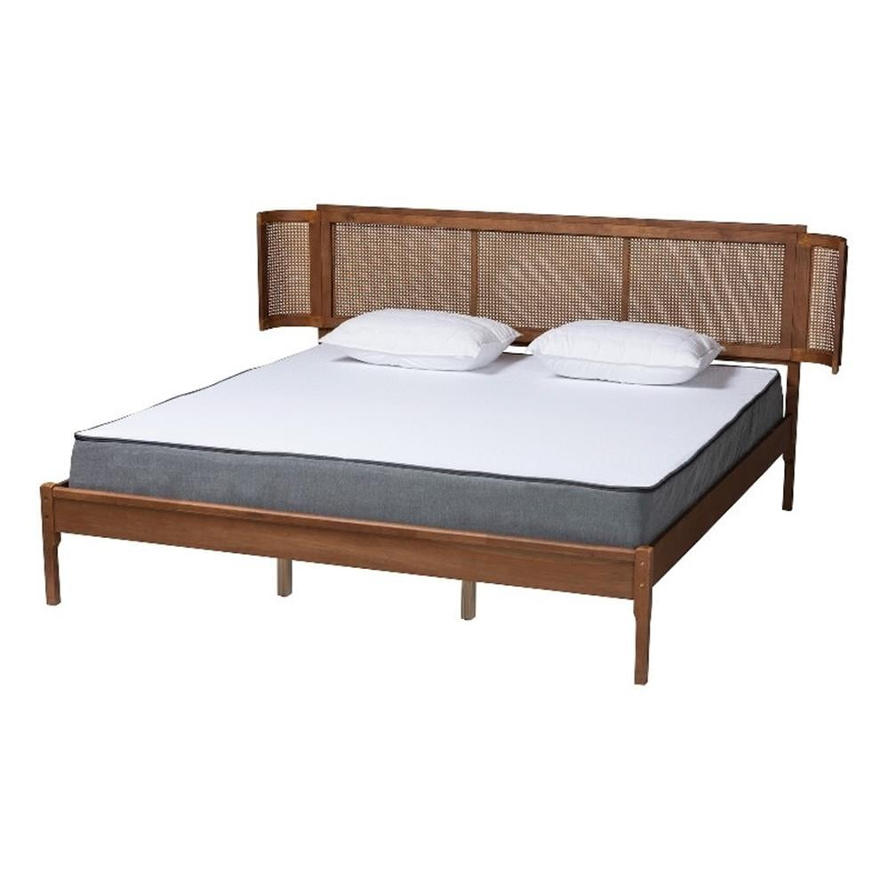 King Walnut Wood and Rattan Platform Bed with Woven Headboard