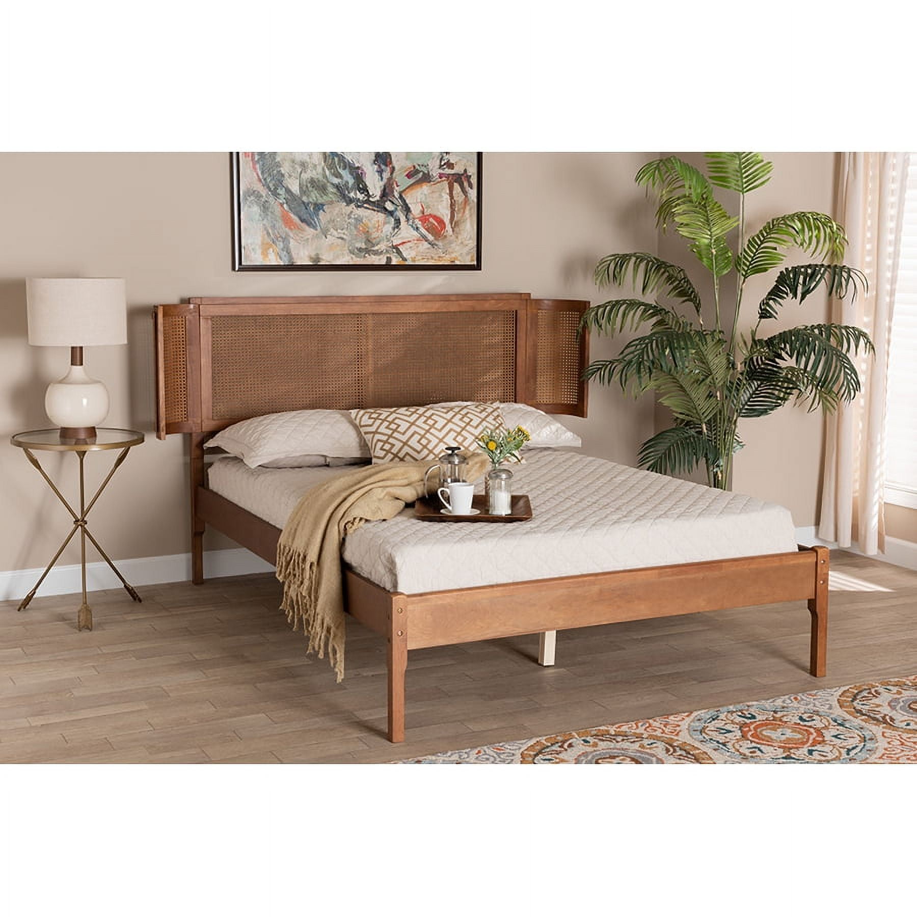 Walnut Brown Full Size Bed with Woven Rattan Headboard
