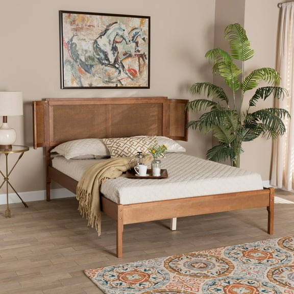 Baxton Studio Eridian Mid-Century Modern Walnut Brown Finished Wood and Natural Rattan Queen Size Platform Bed