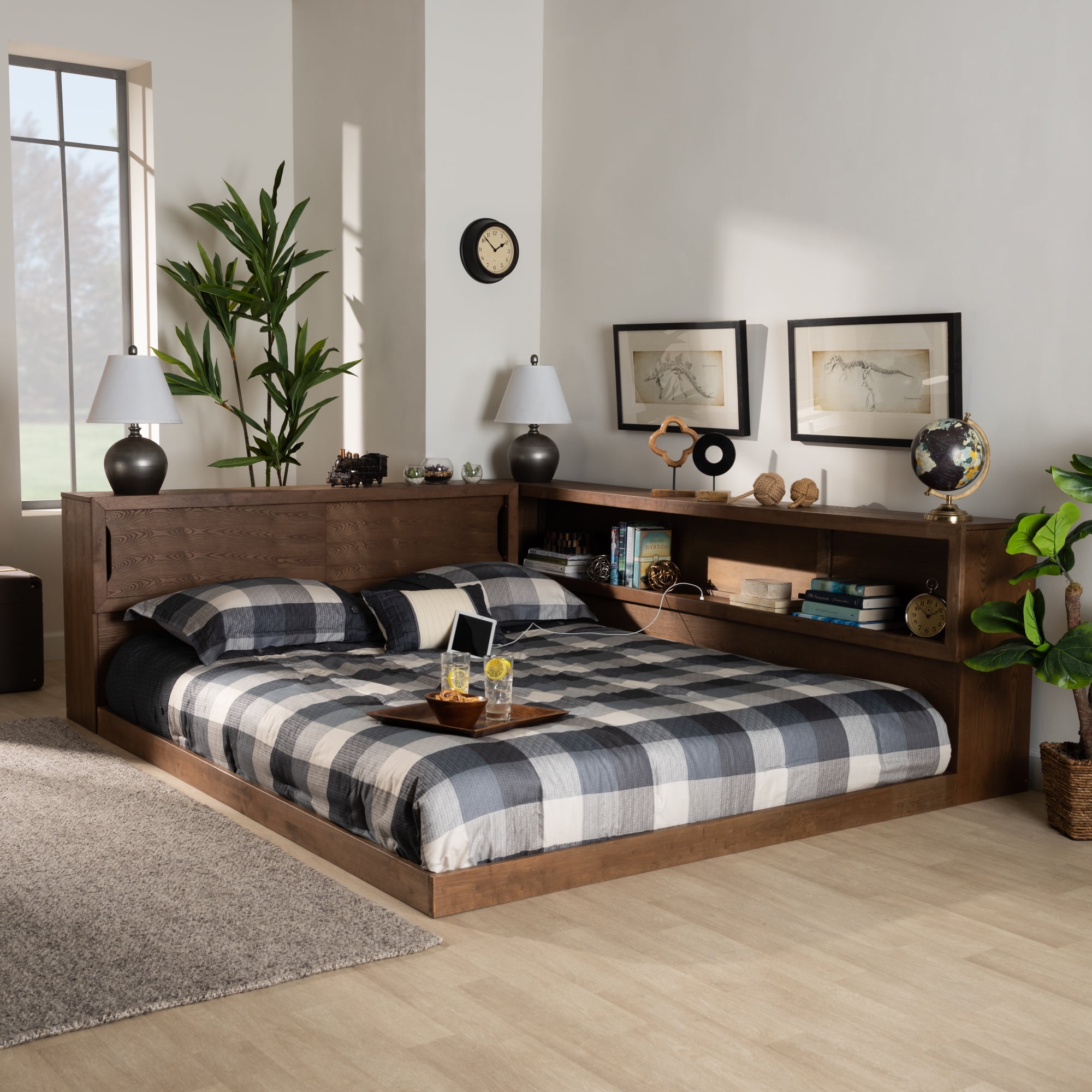 Baxton Studio Erie Modern Rustic and Transitional Walnut Brown Finished Wood Queen Size Platform Storage Bed with Built-In Outlet Baxton Studio Erie Modern Rustic and Transitional Walnut Brown Finished Wood Queen Size Platform Storage Bed with Built-In Outlet
