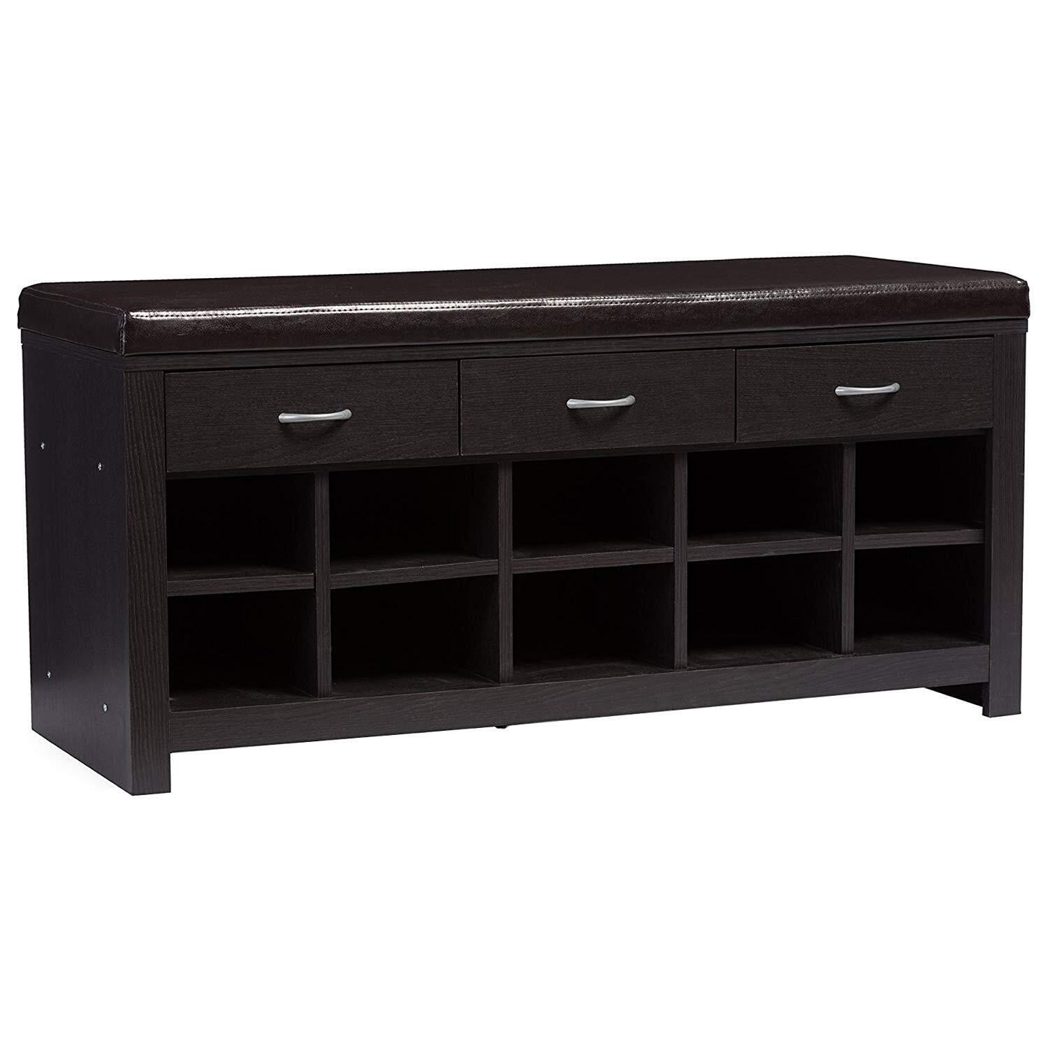 Espresso 46" Dark Brown Faux Leather Entryway Bench with Storage