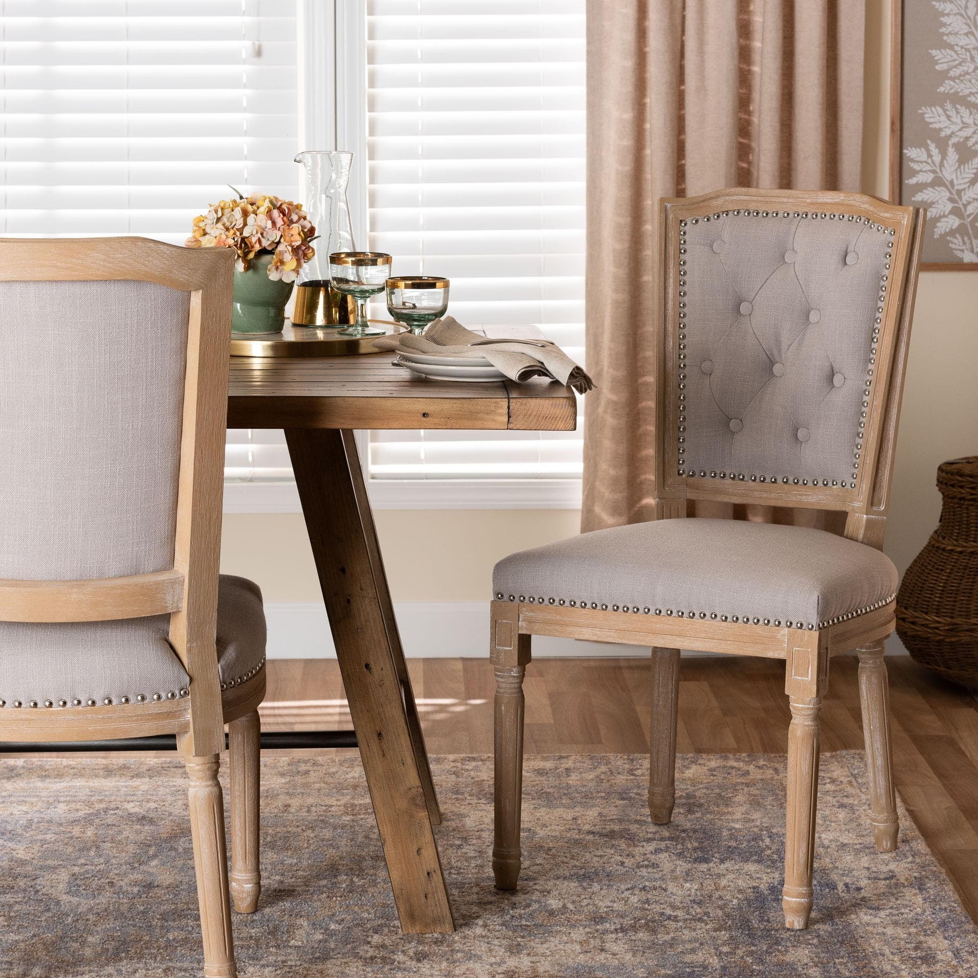 Estelle Weathered Oak and Beige Linen Upholstered Parsons Side Chair