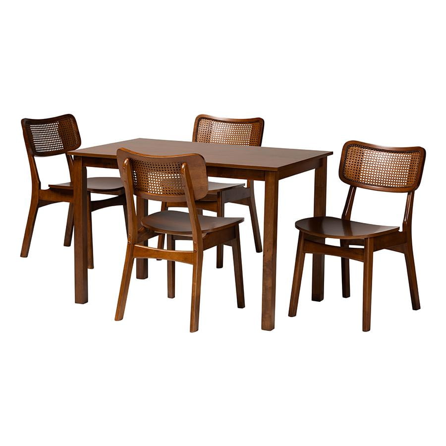 Walnut Brown and Light Brown Wood and Rattan 5-Piece Dining Set