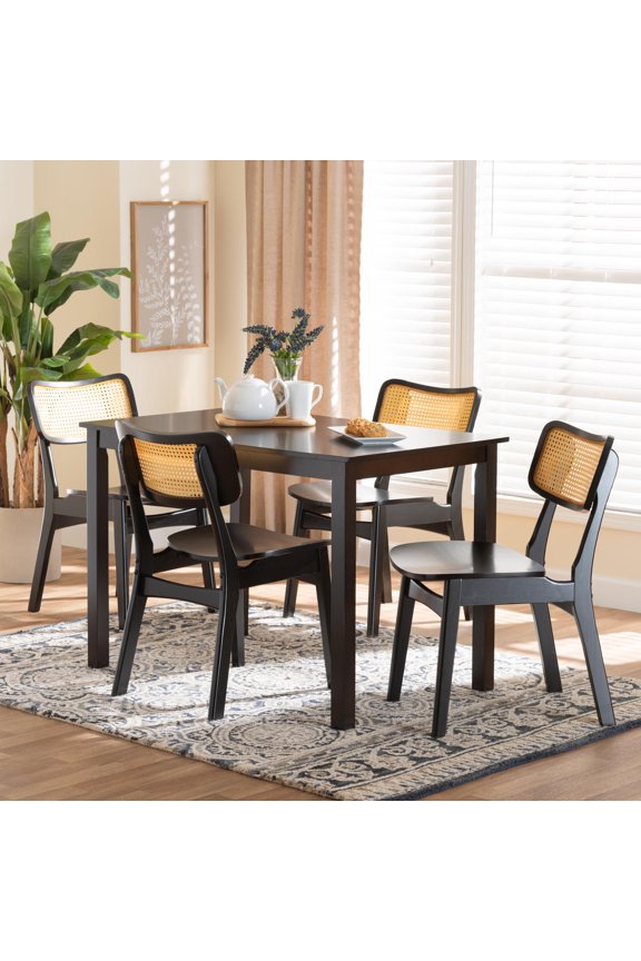 Estera Mid-Century Modern Dark Brown Finished Wood and Rattan 5-Piece Dining Set