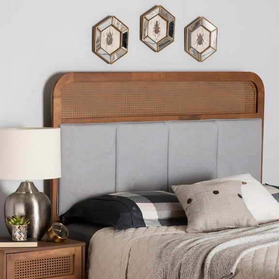 Baxton Studio Esti Mid-Century Modern Light Grey Fabric and Ash Walnut Finished Wood King Size Headboard with Rattan