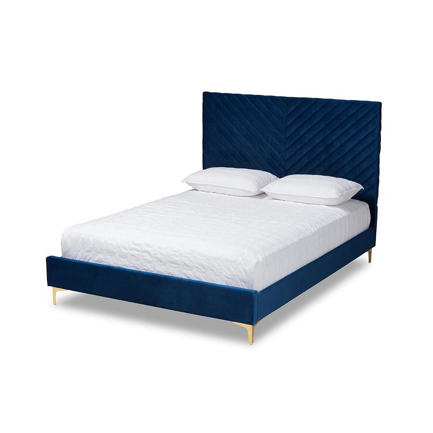 Elegant Chevron Tufted King Platform Bed in Lavish Blue Velvet
