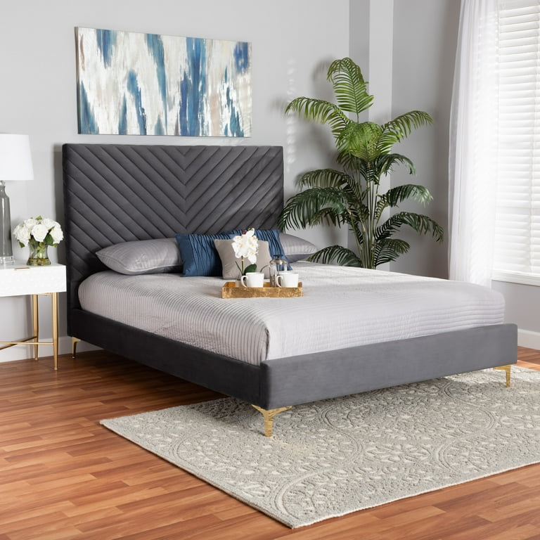 Baxton Studio Serrano Contemporary Glam and Luxe Grey Velvet Fabric Upholstered and Gold Metal Queen Size Platform Bed