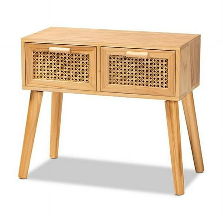 Baxton Studio Falan Mid-Century Modern Oak Brown Finished Wood 2-Drawer Console Table with Rattan,Wholesale Interiors