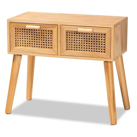 Baxton Studio Falan Mid-Century Modern Oak Brown Finished Wood 2-Drawer Console Table with Rattan,Wholesale Interiors