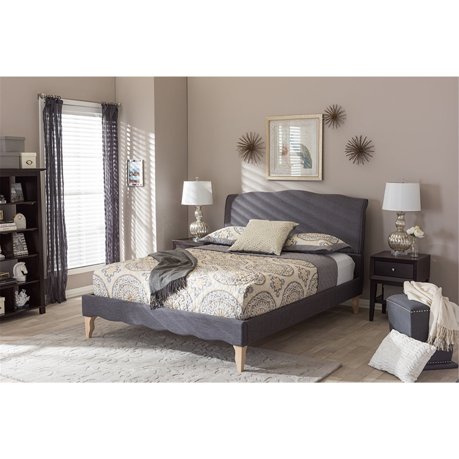 Classic French Elegance Queen Linen Upholstered Platform Bed in Dark Grey