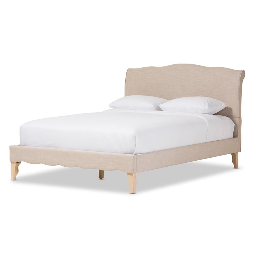 Queen Beige Linen Upholstered Platform Bed with Rubberwood Frame